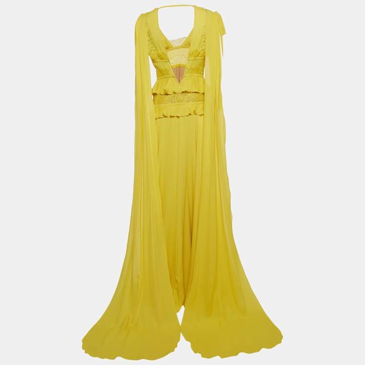 Elie Saab Yellow Silk Blend Lace Insert Ruffled Maxi Dress M Elie Saab TLC