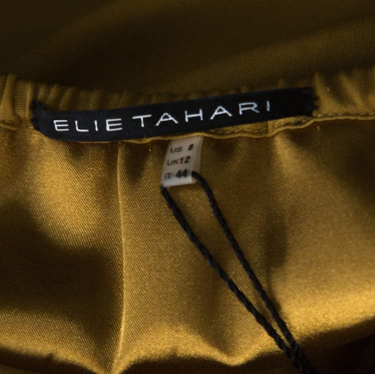 Pre Owned Elie Tahari Gold Silk Cut Out Detail Embroidered Rita Dress M