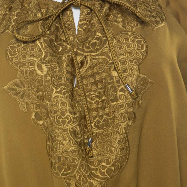 Pre Owned Elie Tahari Gold Silk Cut Out Detail Embroidered Rita Dress M