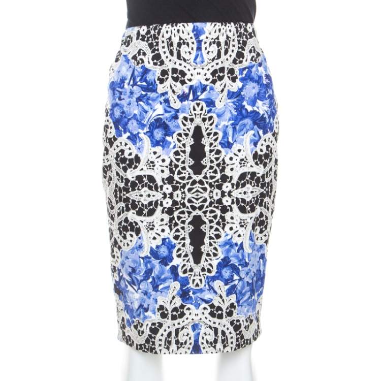 Pre Owned Elie Tahari Blue Printed Cotton Penelope Pencil Skirt M