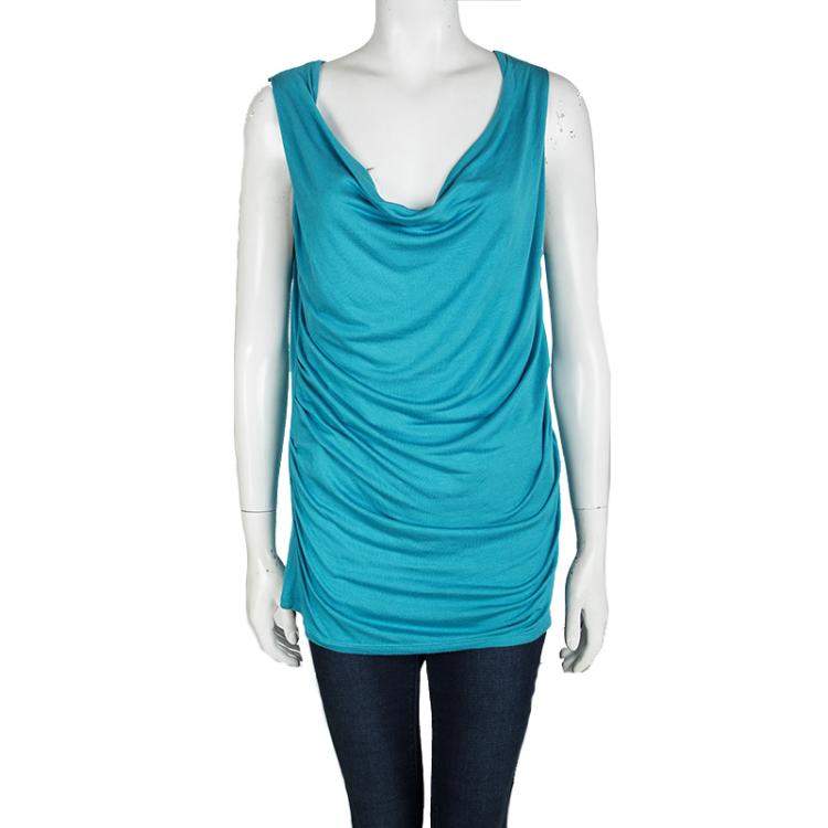 Pre Owned Elie Tahari Turquoise Blue Knit Cowl Neck Sleeveless Top L