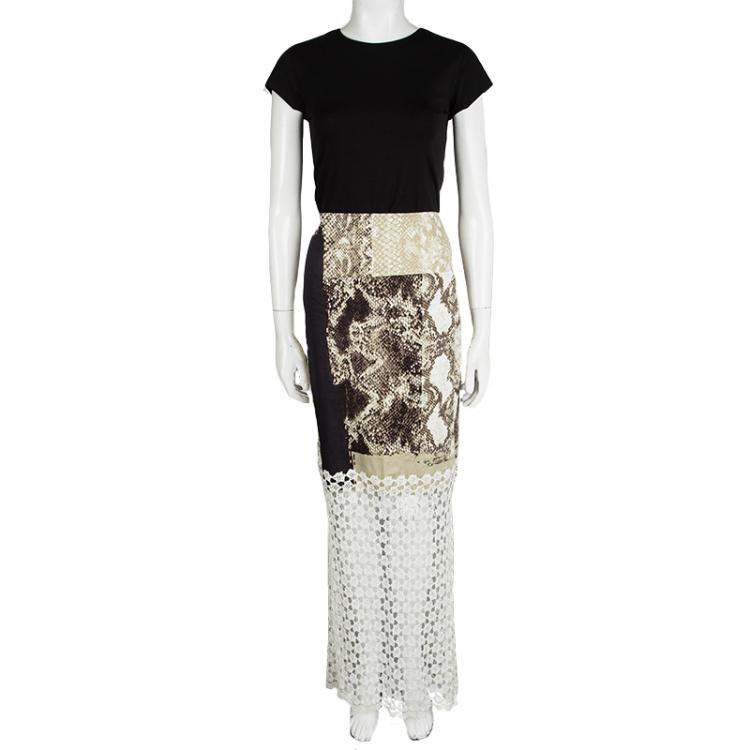 مملوكة مسبقًا Elie Tahari Python Print Contrast Lace Detail Skirt M