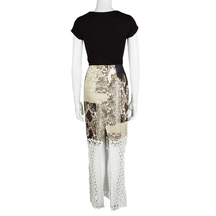 مملوكة مسبقًا Elie Tahari Python Print Contrast Lace Detail Skirt M