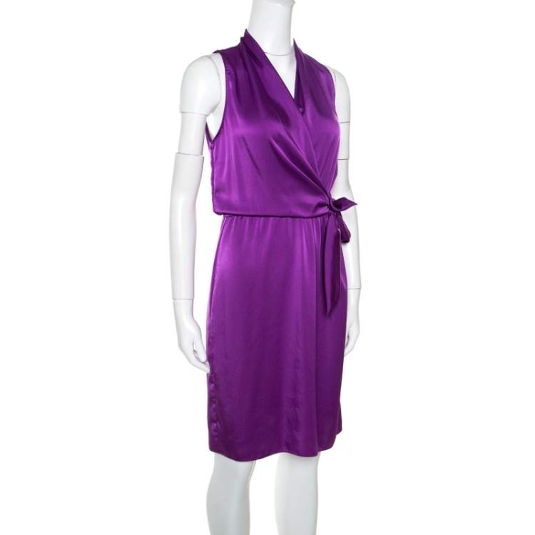 Pre Owned Elie Tahari Purple Satin Front Tie Gathered Waist Sleeveless Halley Dress M