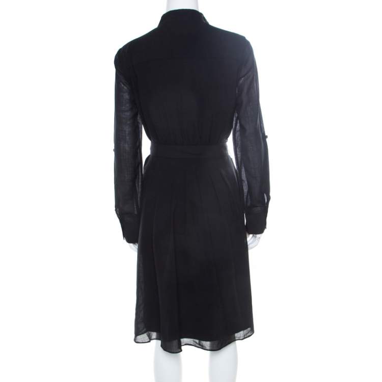 Pre Owned Elie Tahari Black Wool Pleated Belted Dress M
