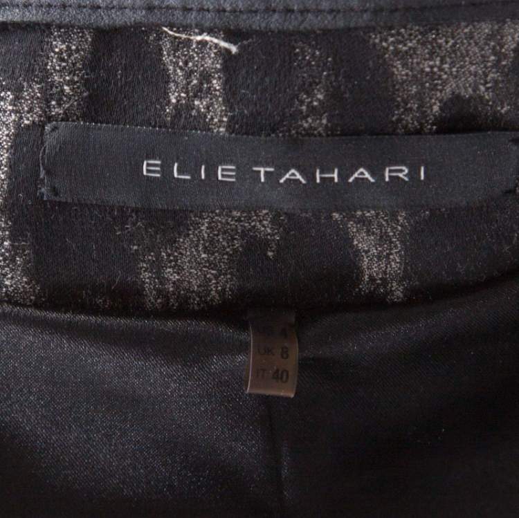 Pre Owned Elie Tahari Grey Tweed and Animal Print Paneled Leather Trim Boucle Jacket S