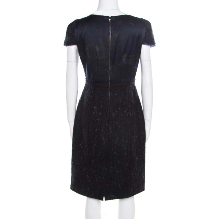 Pre Owned Elie Tahari Navy Blue Printed Satin and Tweed Cap Sleeve Lolly Sheath Dress S