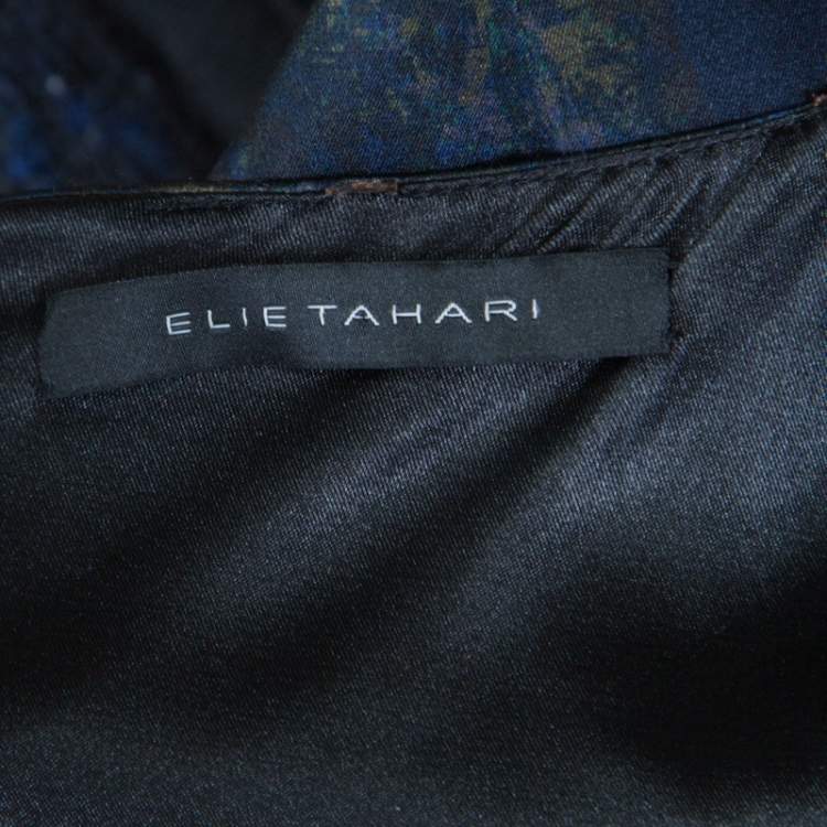Pre Owned Elie Tahari Navy Blue Printed Satin and Tweed Cap Sleeve Lolly Sheath Dress S