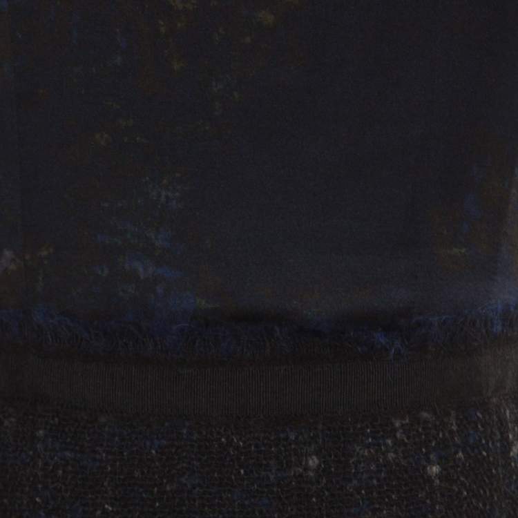 Pre Owned Elie Tahari Navy Blue Printed Satin and Tweed Cap Sleeve Lolly Sheath Dress S