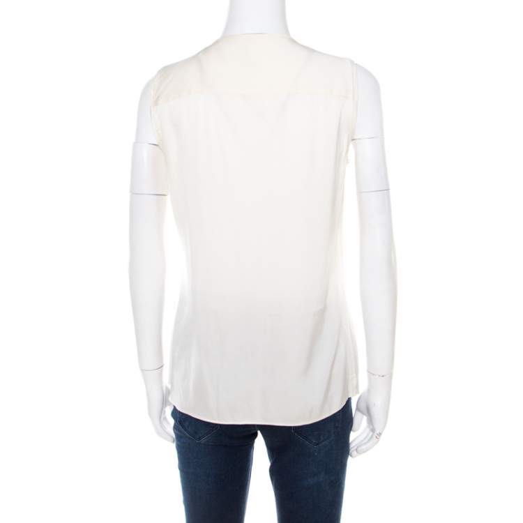 Pre Owned Elie Tahari Cream Silk Contrast Placket Ruffle Detail Sleeveless Blouse S