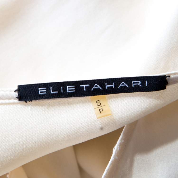Pre Owned Elie Tahari Cream Silk Contrast Placket Ruffle Detail Sleeveless Blouse S