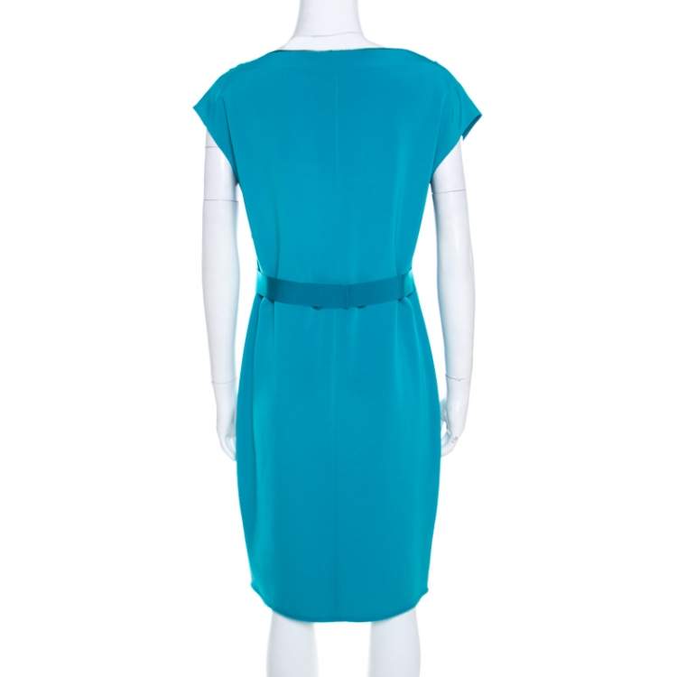 Pre Owned Elie Tahari Jade Green Knit Bateau Zipper Neck Detail Frayed Hem Shift Dress M
