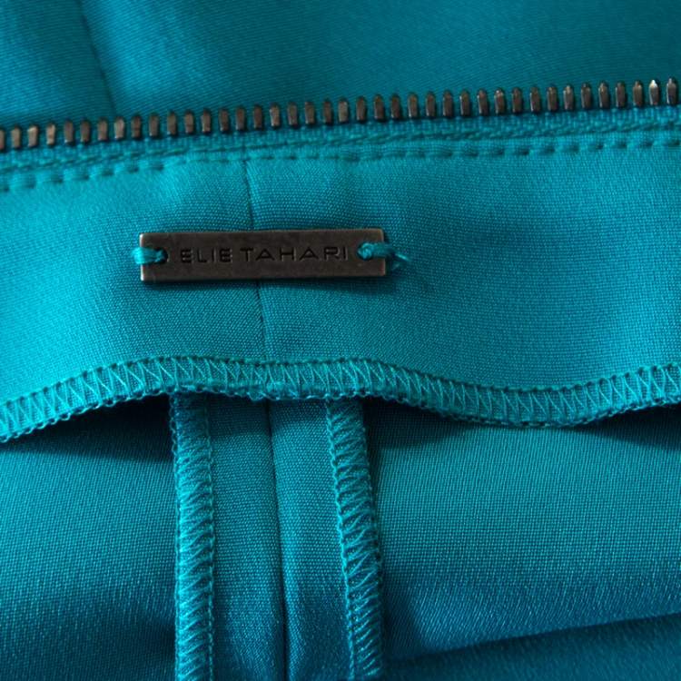 Pre Owned Elie Tahari Jade Green Knit Bateau Zipper Neck Detail Frayed Hem Shift Dress M