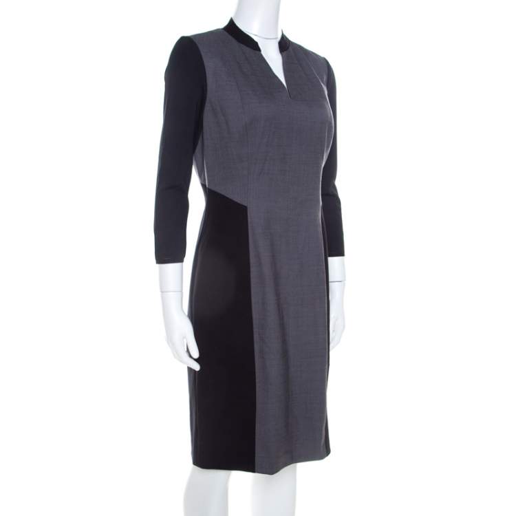 مملوكة مسبقًا Elie Tahari Black and Grey Colorblock Stretch Wool Blend Citrine Dress M 