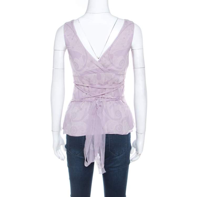 Pre Owned Elie Tahari Amethyst Purple Paisley Printed Silk Chiffon Top S 