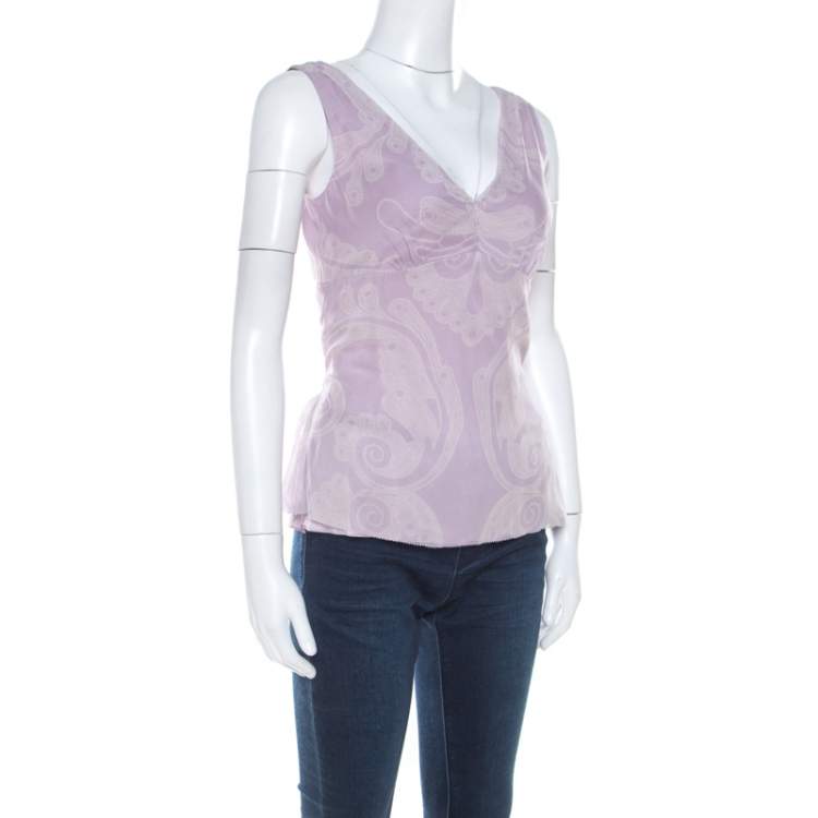 Pre Owned Elie Tahari Amethyst Purple Paisley Printed Silk Chiffon Top S 