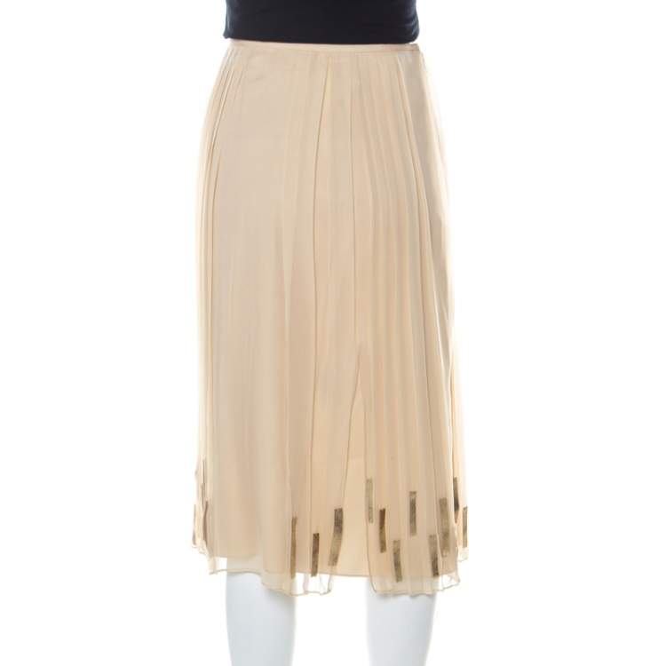 Pre Owned Elie Tahari Light Beige Pleated Silk and Gold Leather Trim Detail Midi Skirt L 