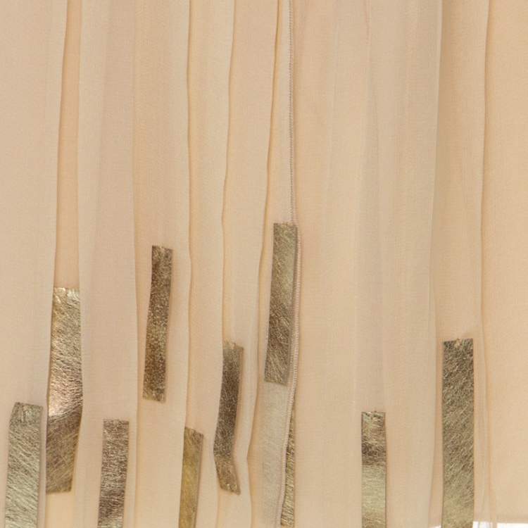 Pre Owned Elie Tahari Light Beige Pleated Silk and Gold Leather Trim Detail Midi Skirt L 