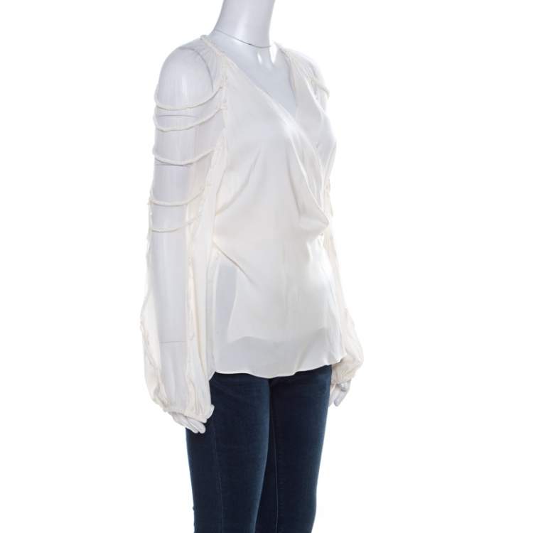 Pre Owned Elie Tahari Cream Silk Rope Sleeve Detail Carmela Wrap Blouse L