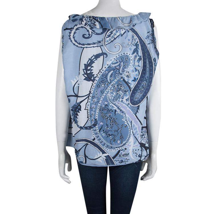 Pre Owned Elie Tahari Powder Blue Printed Cotton Ruffle Detail Sleeveless Top XL