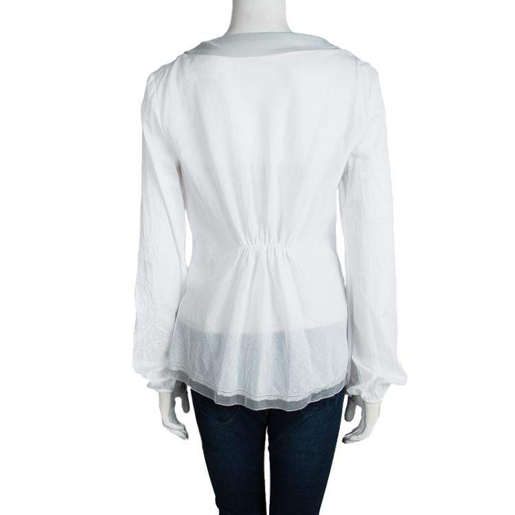 Pre Owned Elie Tahari White Cottton Tie Detail Embroidered Long Sleeve Top M