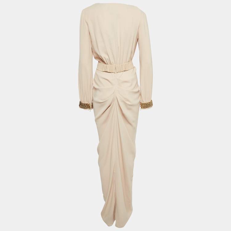 مملوكة مسبقًا Elisabetta Franchi Cream Chained Crepe Belted Wrap-Up Gown S