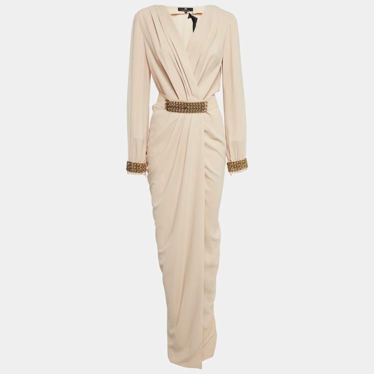 مملوكة مسبقًا Elisabetta Franchi Cream Chained Crepe Belted Wrap-Up Gown S