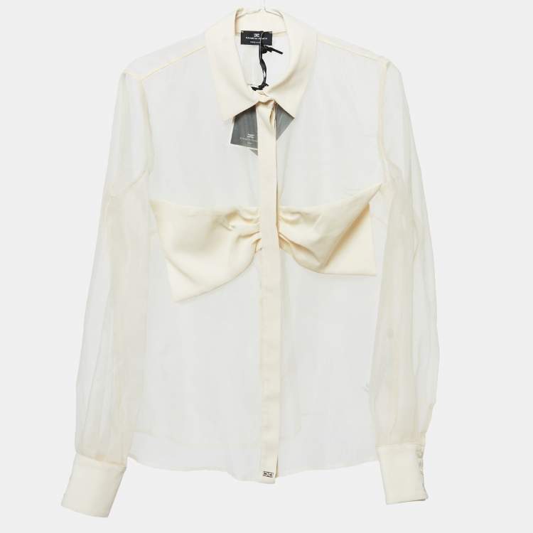 Pre Owned Elisabetta Franchi Beige Bow Detail Organza Sheer Shirt M