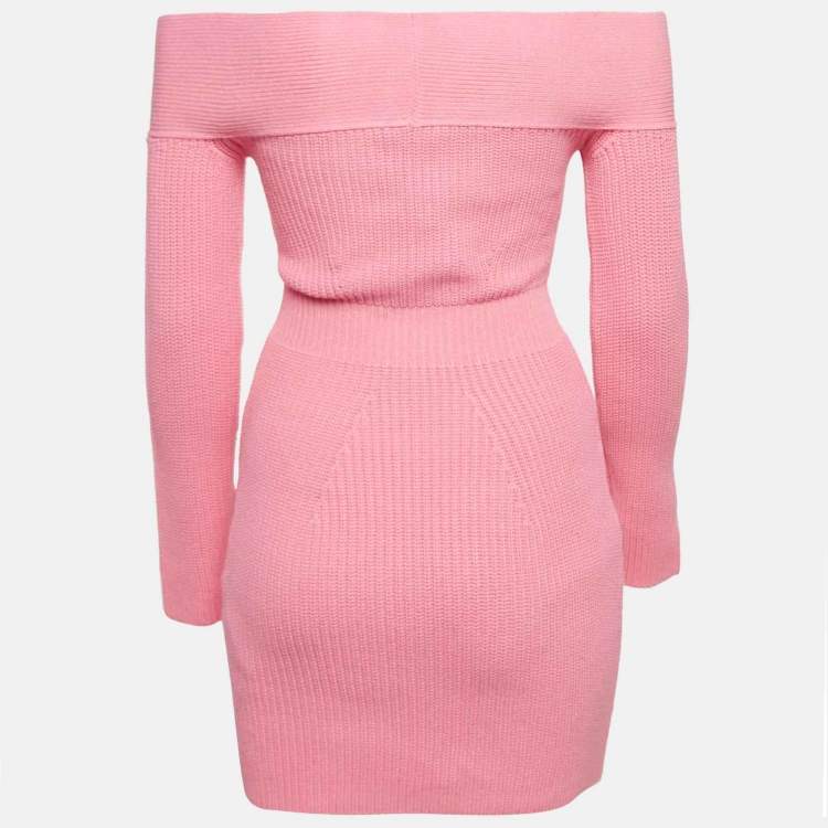 Pre Owned Elisabetta Franchi Pink Rib Knit Off-Shoulder Short Dress S