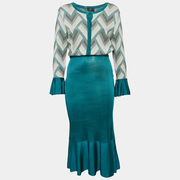 Pre Owned Elisabetta Franchi Blue Patterned Knit Flared Sleeve Maxi Dress L