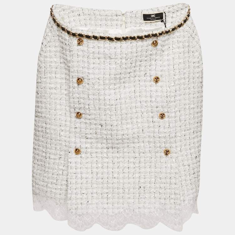 Pre Owned Elisabetta Franchi White Tweed Chai Embellished Mini Skirt S