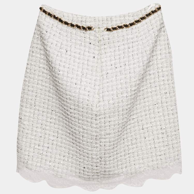 Pre Owned Elisabetta Franchi White Tweed Chai Embellished Mini Skirt S