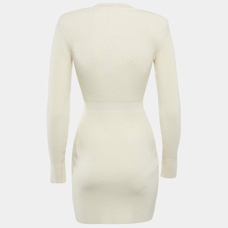 Pre Owned Elisabetta Franchi Cream Rib Knit Double Breasted Mini Dress S