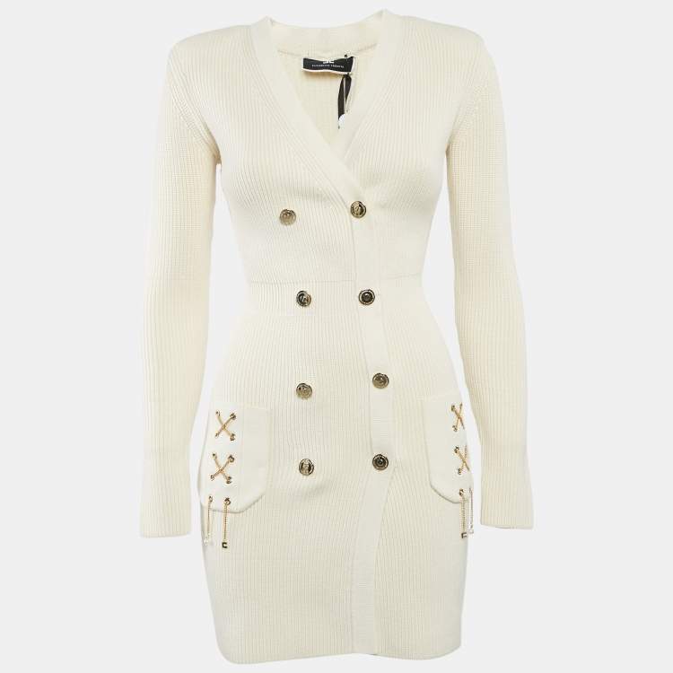 Pre Owned Elisabetta Franchi Cream Rib Knit Double Breasted Mini Dress S