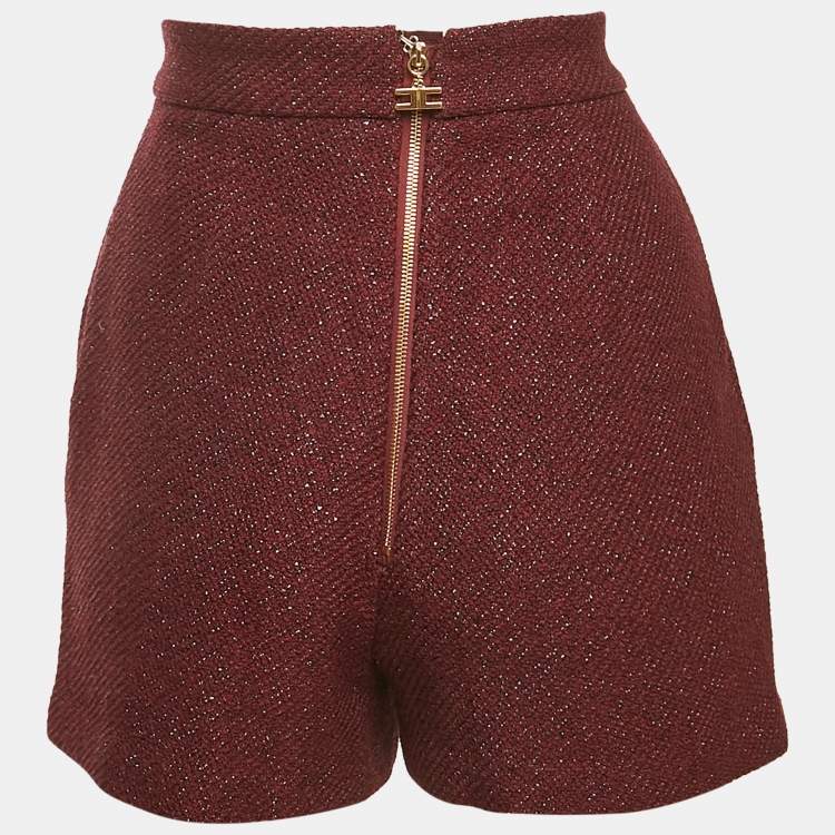 Pre Owned Elisabetta Franchi Burgundy Lurex Tweed Pleated Shorts S