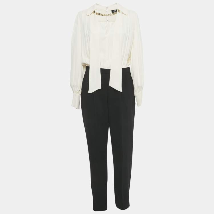 Pre Owned Elisabetta Franchi Beige/Black Crepe Detachable Top and Bottom Jumpsuit L