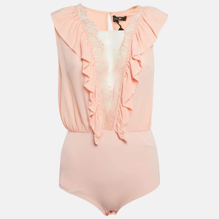 Pre Owned Elisabetta Franchi Orange/Peach Silk Lace Trimmed Bodysuit Top M