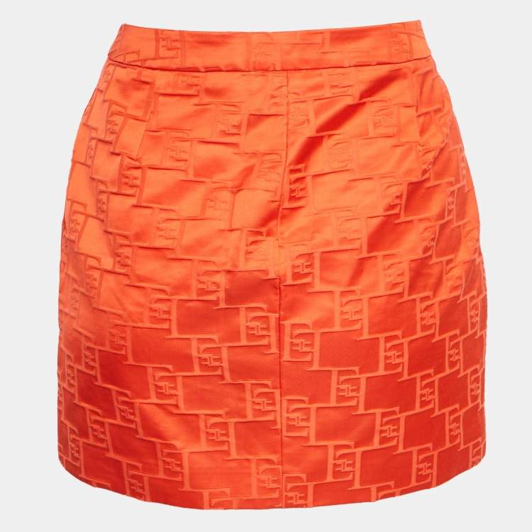 Pre Owned Elisabetta Franchi Orange Jacquard Satin Mini Skirt S