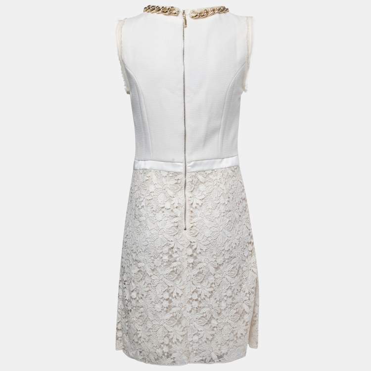 Pre Owned Elisabetta Franchi White Floral Lace Chain Detail Mini Dress XL