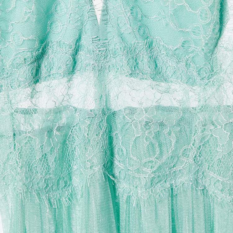 Pre Owned Elisabetta Franchi Mint Green Lace & Tulle Sleeveless Gown L