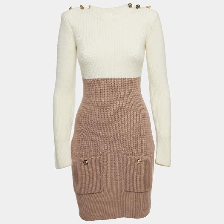 Pre Owned Elisabetta Franchi Ivory White/Mauve Colorblock Knit Dress S