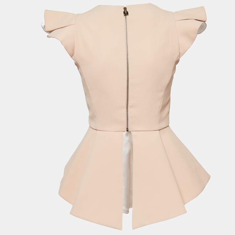 Pre Owned Elisabetta Franchi Beige Crepe Cap Sleeve Asymmetric Peplum Top S
