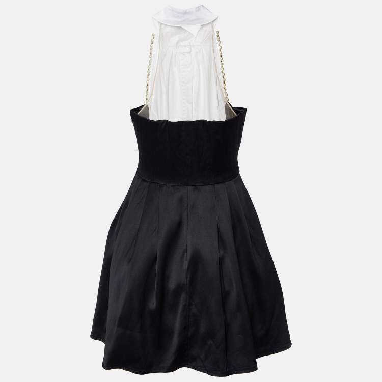 Pre Owned Elisabetta Franchi White/Black Embellished Pleated Mini Dress L