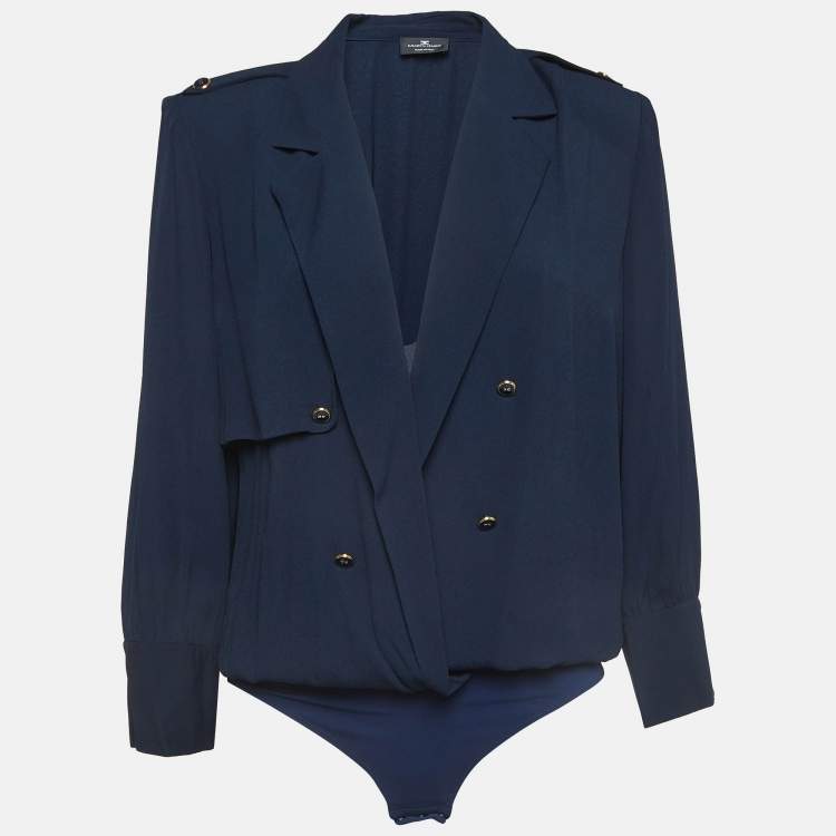 Pre Owned Elisabetta Franchi Navy Blue Crepe Draped Long Sleeve Bodysuit L