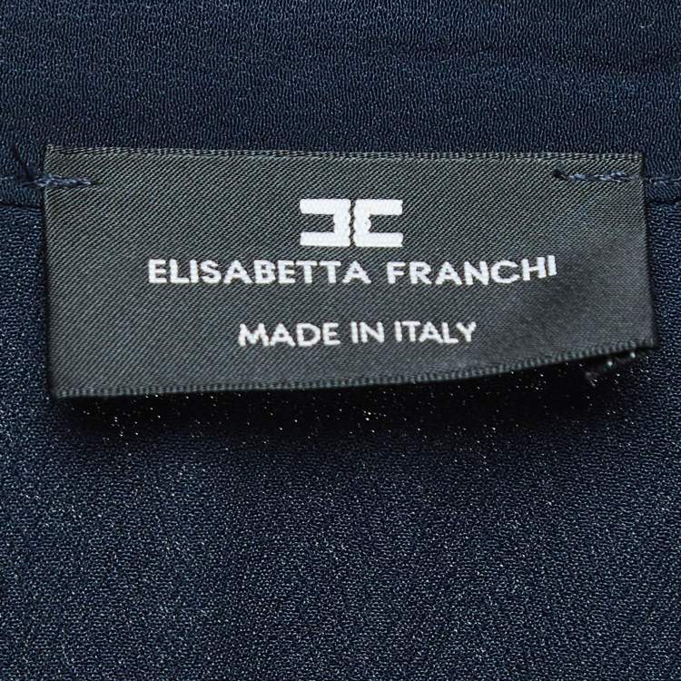 Pre Owned Elisabetta Franchi Navy Blue Crepe Draped Long Sleeve Bodysuit L