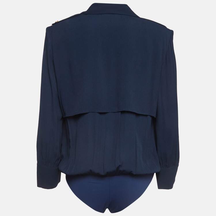 Pre Owned Elisabetta Franchi Navy Blue Crepe Draped Long Sleeve Bodysuit L
