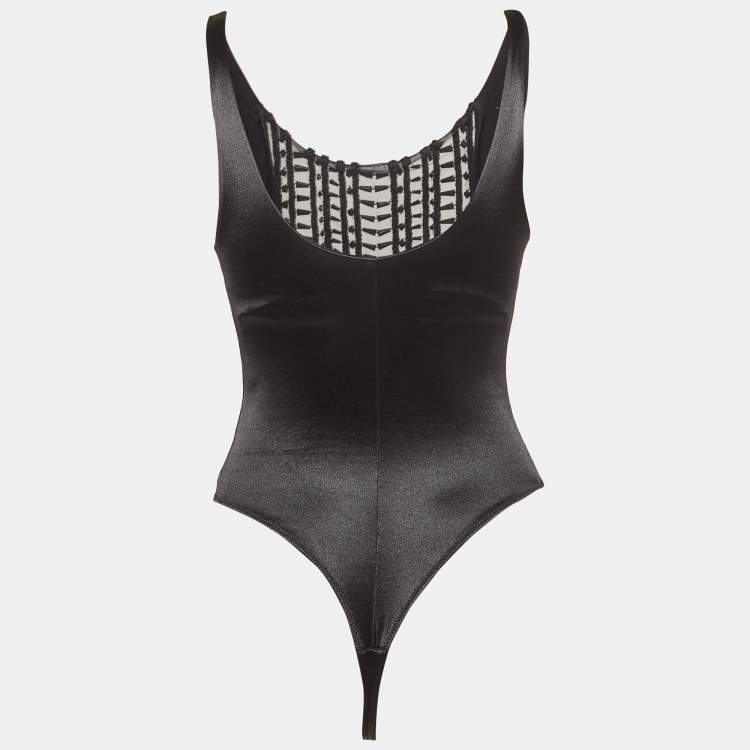 Pre Owned Elisabetta Franchi Black Beaded Jersey Sem Sheer Bodysuit M