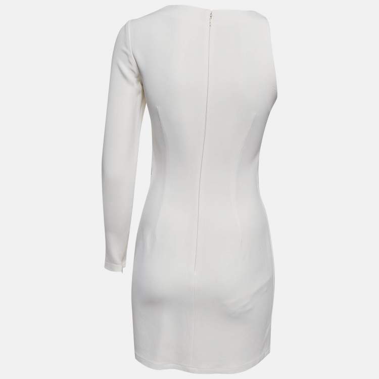 Pre Owned Elisabetta Franchi White Stretch Knit Asymmetric Sleeve Mini Dress S
