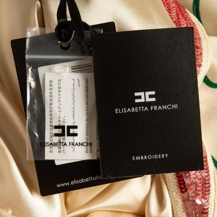 Pre Owned Elisabetta Franchi Cream Chain Print Crepe Sequin Neck-Tie Shift Dress M