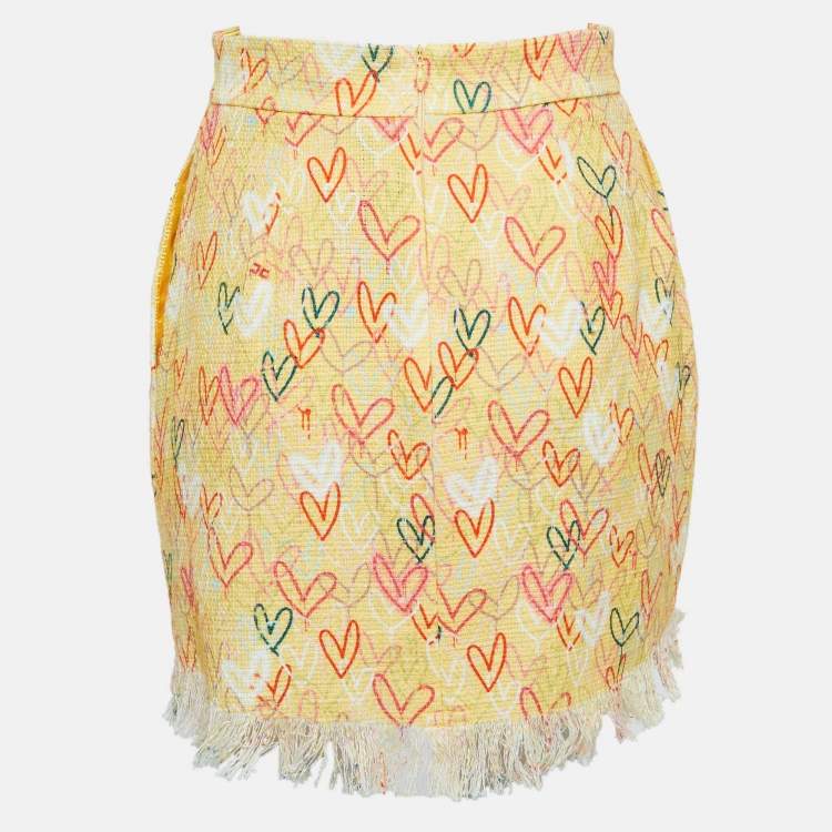 Pre Owned Elisabetta Franchi Yellow Hearts print Cotton Canvas Fringed Mini Skirt S